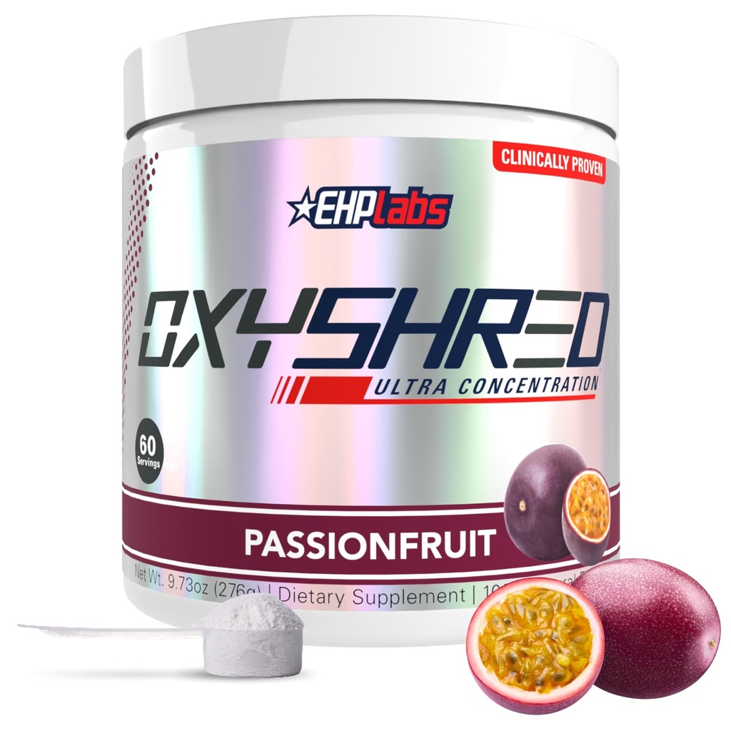 EHP Labs OxyShred Pre Treino em pó e Shred Suplemento - Pré-treino em pó com L Glutamina e Acetil L Carnitina, Energia Boost Drink - Maracujá, 60 Servings