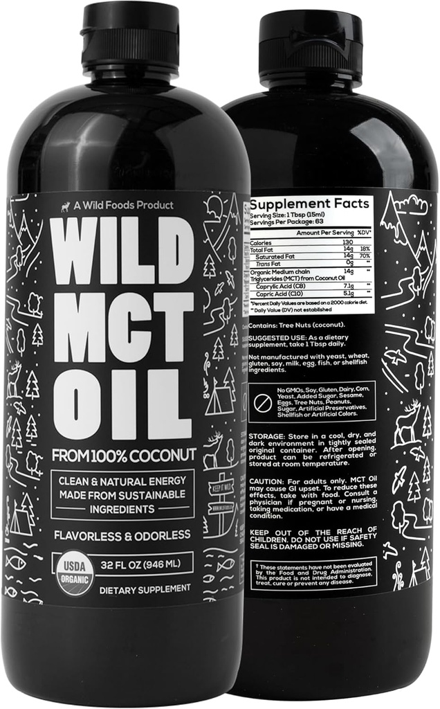 Óleo selvagem MCT Coco orgânico – 32 fl oz – de 100% coco natural – sem sabor e sem cheiro C10/C8 MCT Óleo para energia e suporte cognitivo – Keto-Friendly – Perfeito para café, batidos e receitas