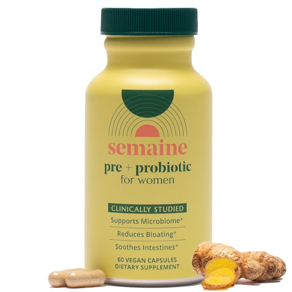 Semaine Super Powered Prebiótico + Probiótico para as mulheres, Eficaz 3-em-1 Fórmula de multi-ação para Nurish Gut Health, Soothe IBS, Suporte Bloat Relief & Immunity Boost, Clinically-Studied (60 ct)