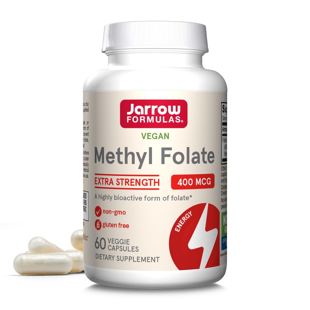 Fórmulas Jarrow Força extra Folato de metilo 400 mcg, Suplemento dietético para Apoio à Saúde Cardiovascular e Neurológica, 60 Cápsulas Veggie, Fonte de 60 dias