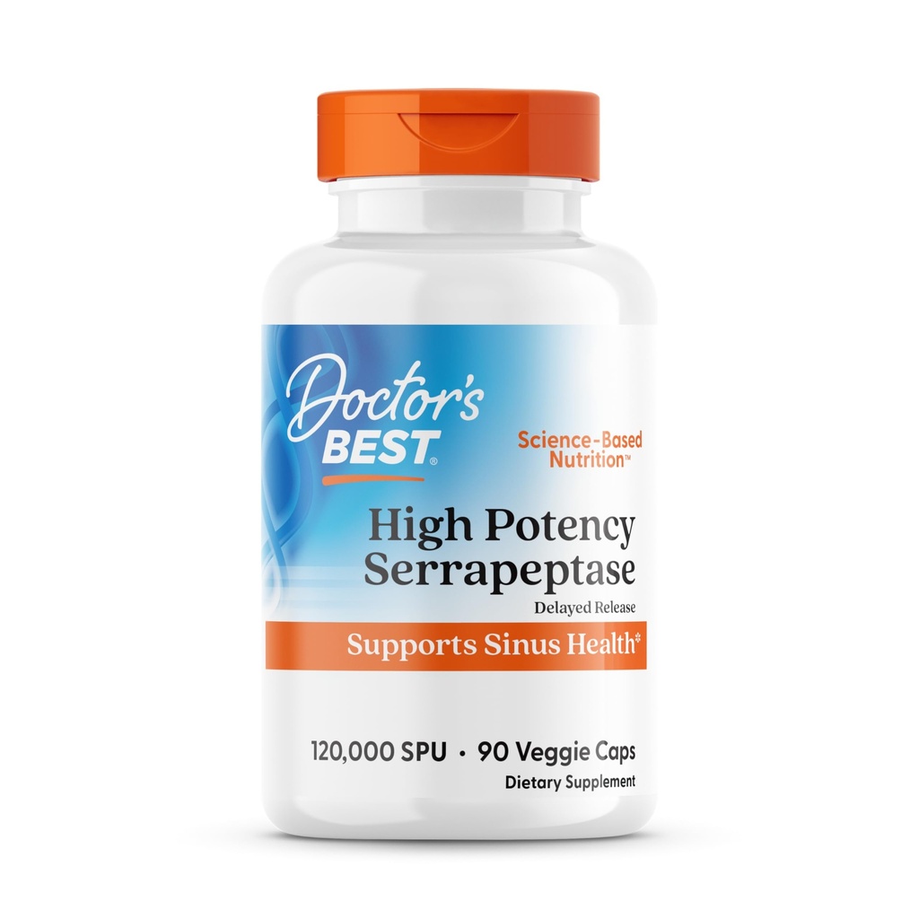 Médicos melhor alta potência Serrapeptase, Suporta saúde sinusal 120,000 SPU, Não-GMO, Vegan 90 Veggie Caps