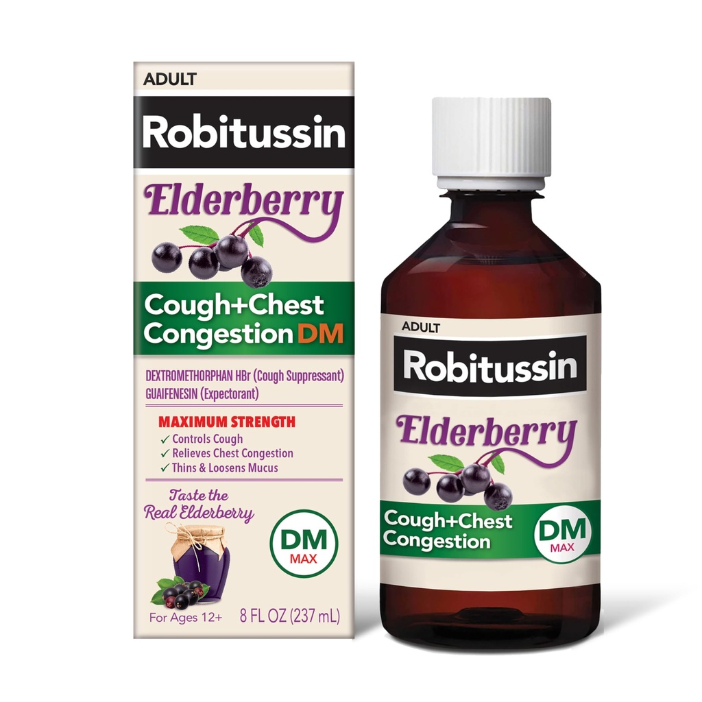 Robitussin Força Máxima Elderberry Cough Plus Chest Congestion DM, Supressor de Tosse para Adultos, fornecendo alívio de tosse líquida e congestionamento do peito - 8 Fl Oz