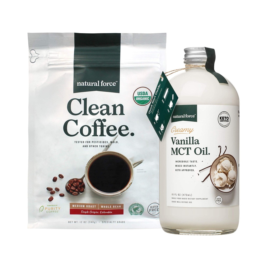 Natural Force Organic Clean Coffee + Creamy Vanilla MCT Oil Bundle – Flavored MCT Creamer & Mold & Mycotoxina Free Coffee – Non-GMO, Keto, Paleo, e Vegan - 12 Oz Bag e 16 Oz Garrafa de vidro
