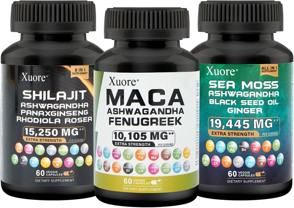 Pacote de Sea Moss, Shilajit,Maca, Black Seed Oil, Ashwagandha, Ginger, Shilajit, Rhodiola Rosea, Panax Ginseng, Maca Root, Fenugreek, Trifibranol100X,Todos em 1 Suplementos (1 Embalagem)