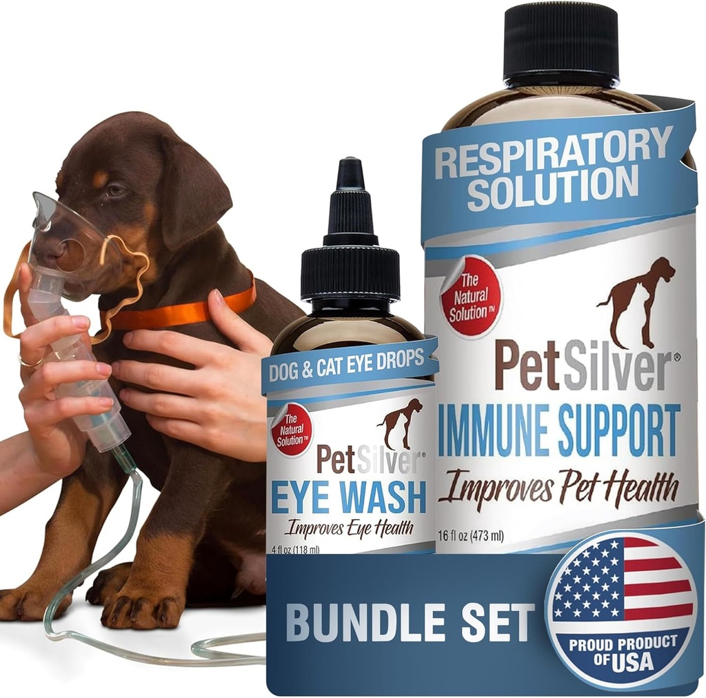 PetSilver - Apoio Imune (16 fl oz) e Lavagem de Olhos (4 fl oz) com Prata Quelada Patenteada - Tratamento de Alergias, Sinus e Tosse - Limpador de Olhos e Removedor de Pedaços para Gatos e Cães - Made in USA