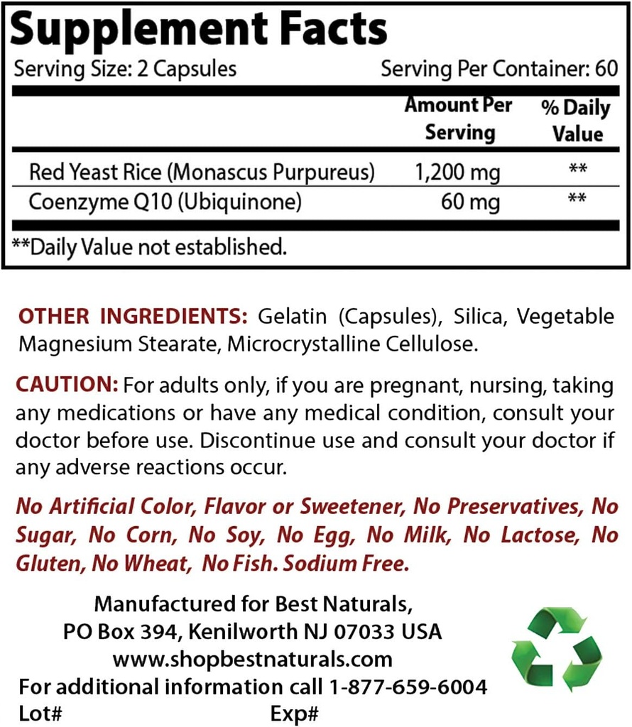 Best Naturals Red Yeast Rice com CoQ10 & Niacin 500 mg