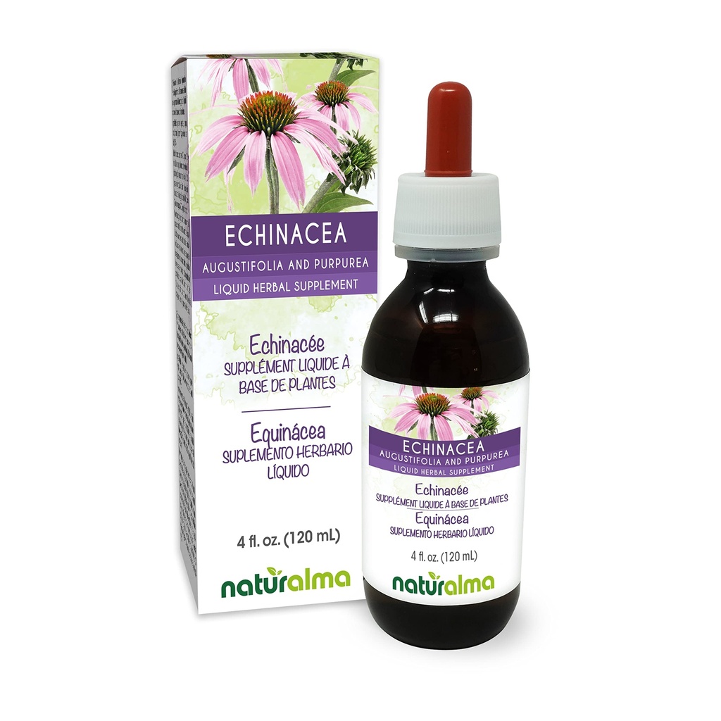 Naturalma Echinacea (Echinacea angustifolia e purpurea) Raíz e ervas sem álcool Tintura - 4 fl oz Extrato líquido em gotas - Suplemento de ervas - Vegan