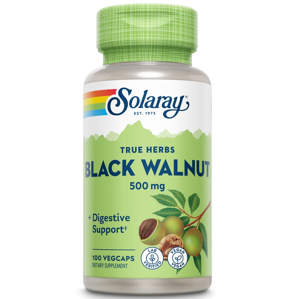 SOLARAY Black Walnut 500 mg - Hull inteiro - Fórmula de suporte tradicional de ervas - Não-GMO verificado, Vegan, Lab verificado - 60-Day Garantia - 100 Servings, 100 VegCaps