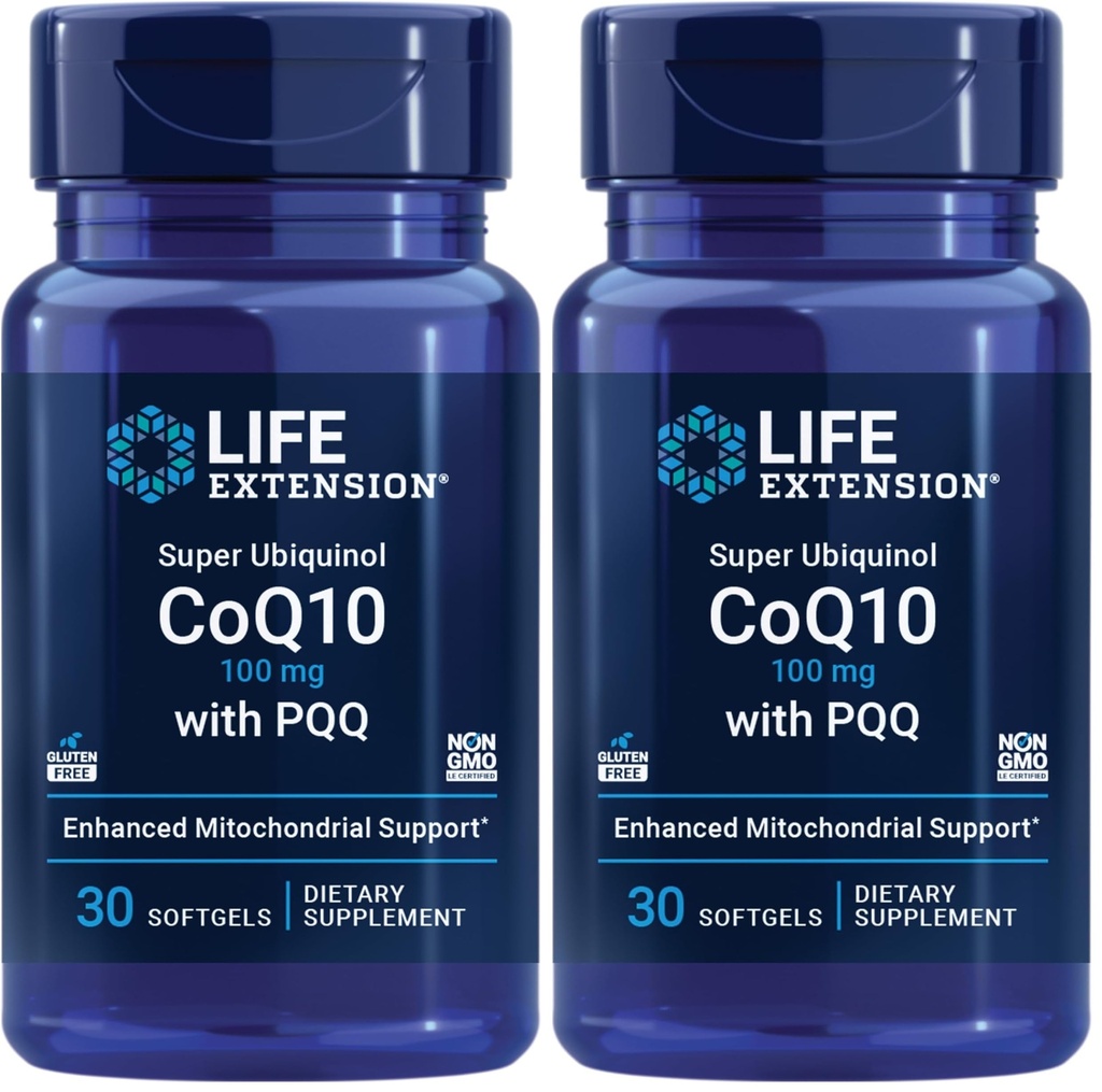 Extensão de vida Super Ubiquinol CoQ10 com PQQ, CoQ10, PQQ, shilajit, saúde do coração, suporte de energia celular, 8X melhor absorção, sem glúten, 100 mg, 30 softgels (Pacote de 2)