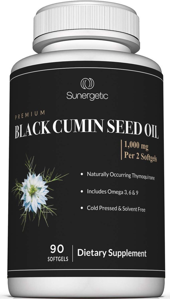 Sunergetic Premium Black Cumin Seed Oil Softgels – 1.000mg de Black Seed Oil Per Serving – Não GMO Cold Pressed Nigella Sativa – Inclui Thymoquinone & Omega’s - 90 Softgels