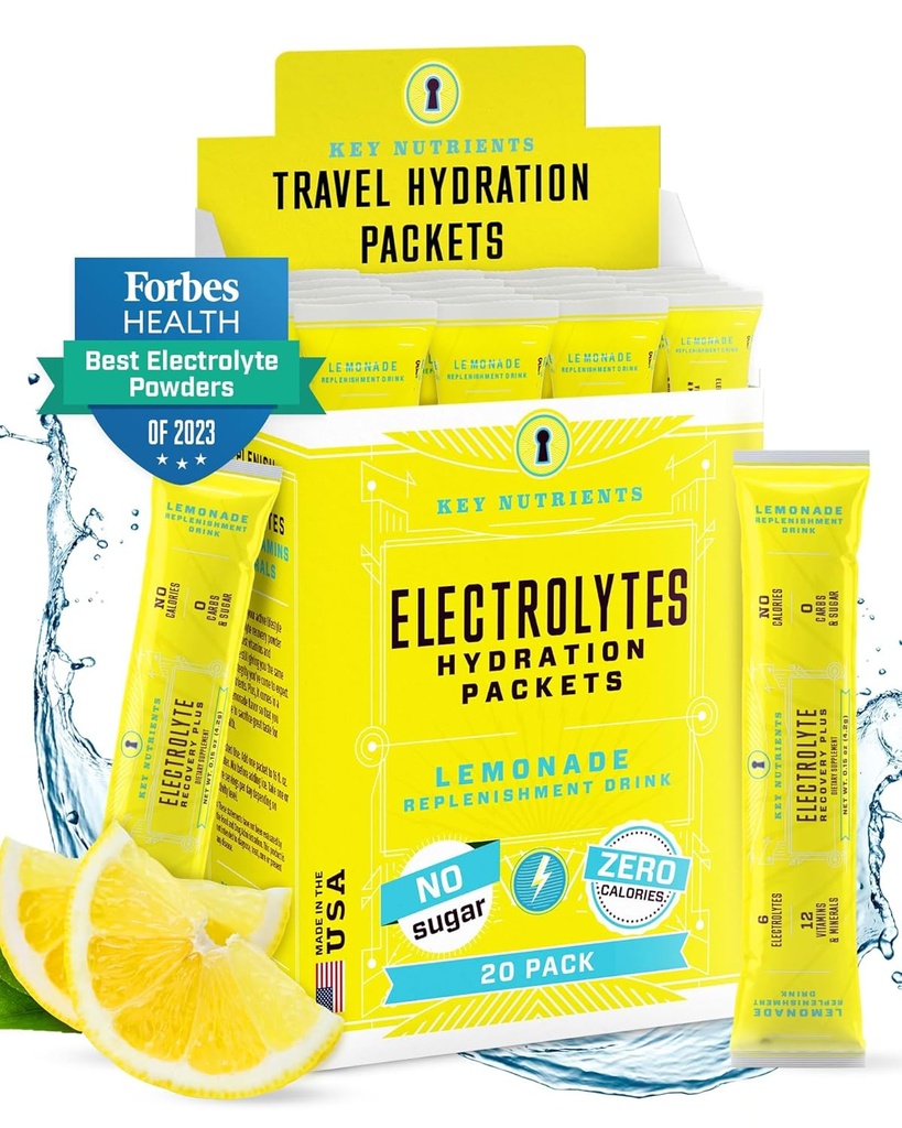 KEY NUTRIENTS Electrolytes Powder Packets - Refreshing Limonada 20 Pack Hydration Packets - Travel Hydration Powder - Sem açúcar, sem calorias, sem glúten - Made in USA