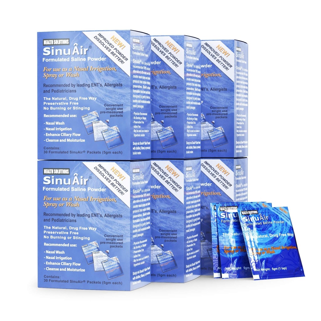 SinuAir Sinse Solução de sal de lavagem - Pó salino para SinuPulse Sistema, Neti Pot Flush, Garrafa de aperto de lavagem nasal, e irrigação do nariz, Formulação e limpeza melhoradas para sinusos, 180 pacotes