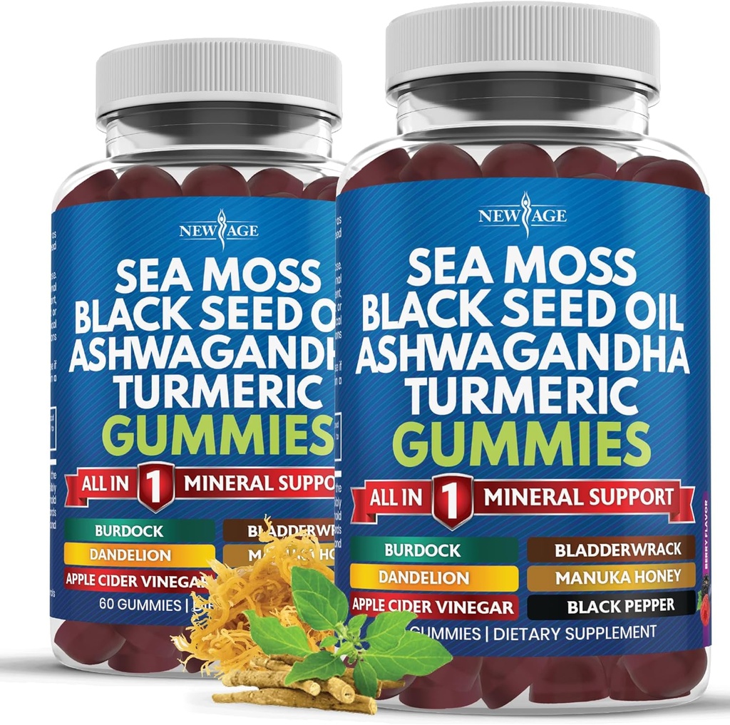 Pastilhas de musgo do mar, Musgo do mar, Semente preta, Ashwagandha, Açafrão, Manuka Honey, ACV, Dandelion, Pimenta preta, Burdock, Bexiga, Vegan - 120 Conde