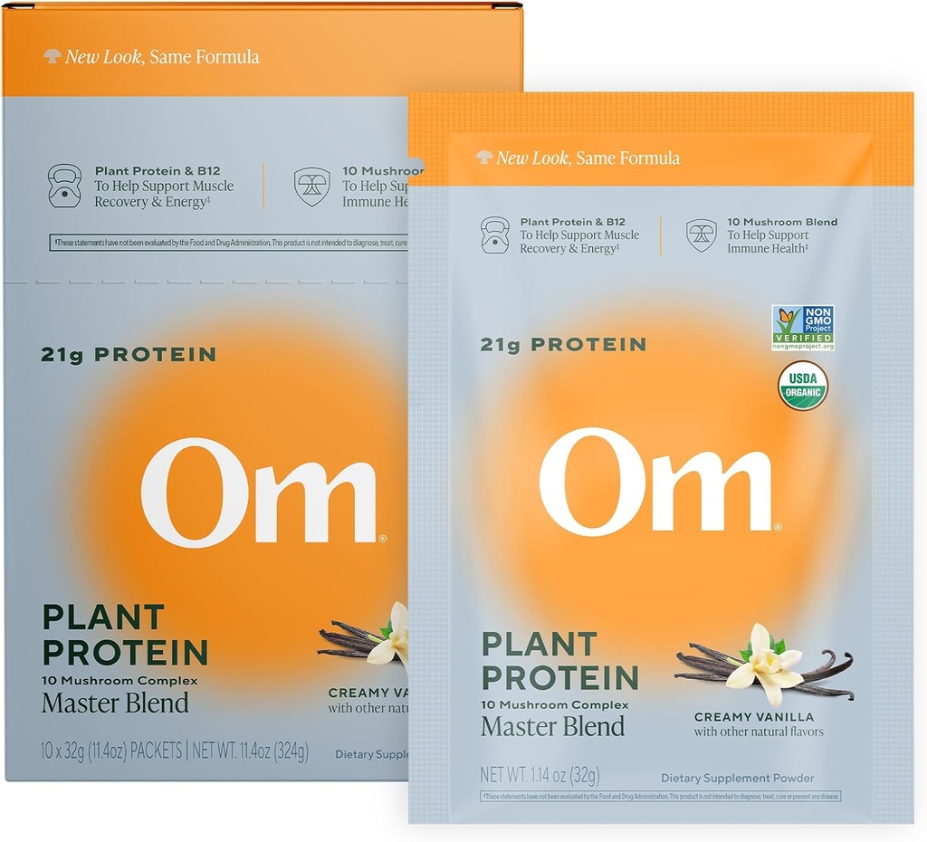 Om Master Mistura Vegan Protein Powder, Baunilha, 21g de proteína vegetal - Suplemento de cogumelos orgânicos com 10 Complexo de cogumelos, Ashwagandha, BCAAs e vitamina B12 - Único serviço (10 Conde)
