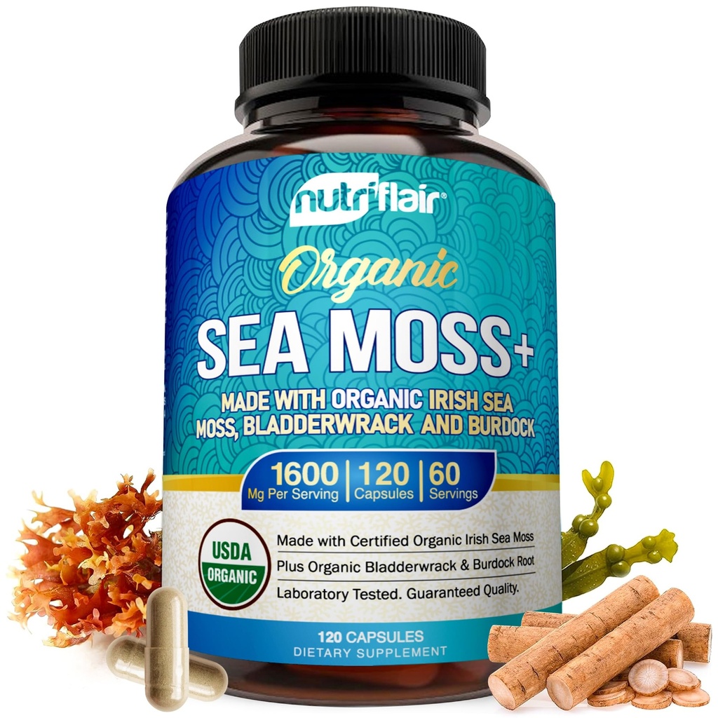 NutriFlair Orgânico Sea Moss 1600mg, 120 Cápsulas Plus Bladderwrack & Burdock - Prebiótico Super Food - Sistema imunológico & Saúde Digestiva - Tiróide, Pele saudável, Keto Detox, Gut