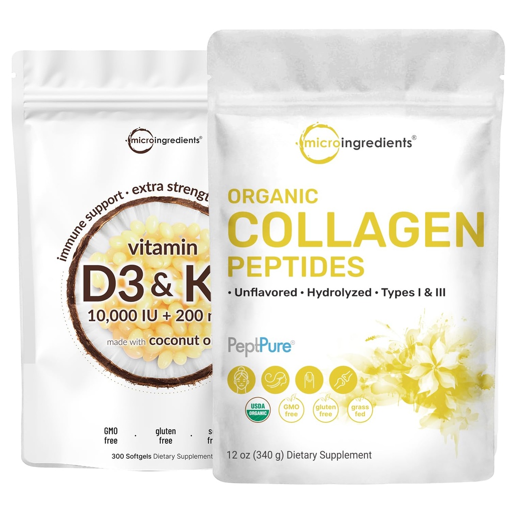 Micro Ingredientes Vitamina D3 10000 iu + K2 200 mcg Óleo de coco Softgels & Peptídeos de Colágeno Orgânico Powder Bundle 2 Pack