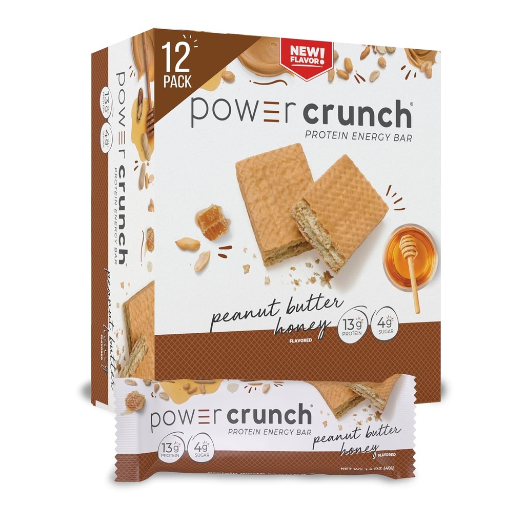Barras de wafer de proteína crunch de potência, lanches de proteína alta com sabor delicioso, mel de manteiga de amendoim, 1,4 onça (12 contagem)