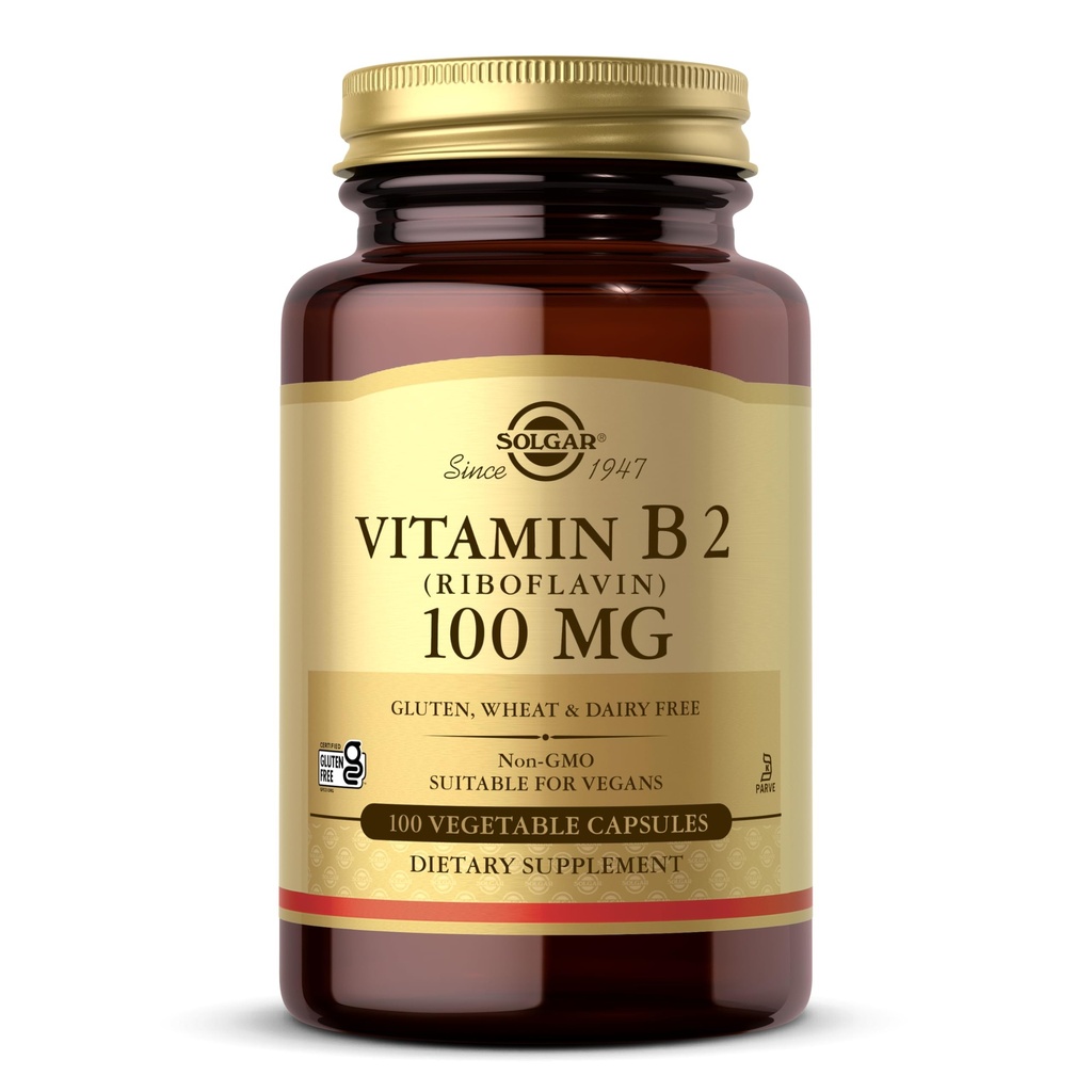 Solgar Vitamina B2 (Riboflavina) 100mg, 100 Cápsulas Vegetais - Metabolismo Energético, Sistema Nervoso Saudável - Não-GMO, Vegan, Sem glúten, Leite Livre, Kosher - 100 Servings