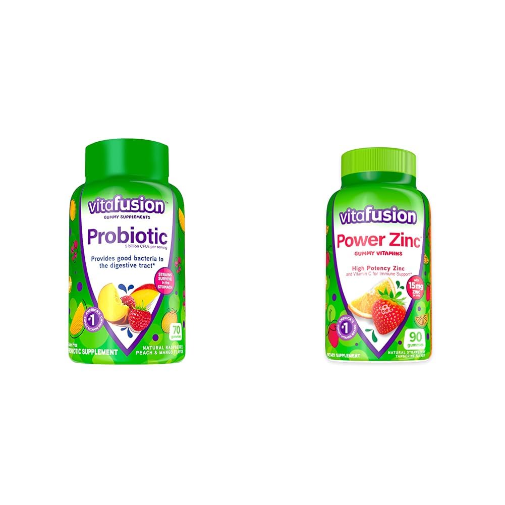Vitafusion Probiótico Gummy Supplements, Framboesa, Pêssego e Mango Flavors, 35 dias de fornecimento, 70 contagem de energia Zinc Gummy Vitaminas, Morango Tangerina Flavored, 90 contagem