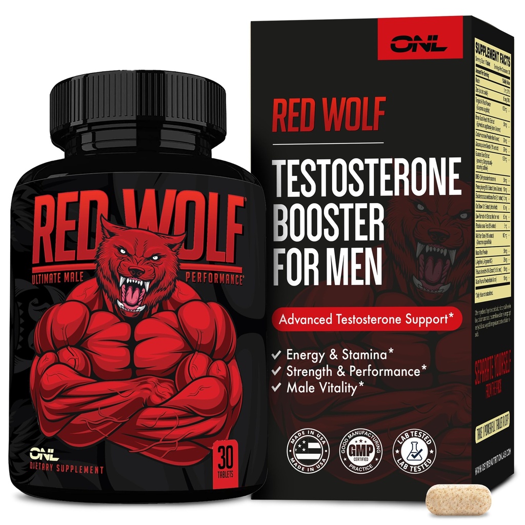 ONL Red Wolf Testosterone Booster para homens - Ultimate Suplemento masculino para alta resistência, energia e força - Suplemento Testosterona para homens - w / Tongkat Ali Enhancement masculino - 30 Ct