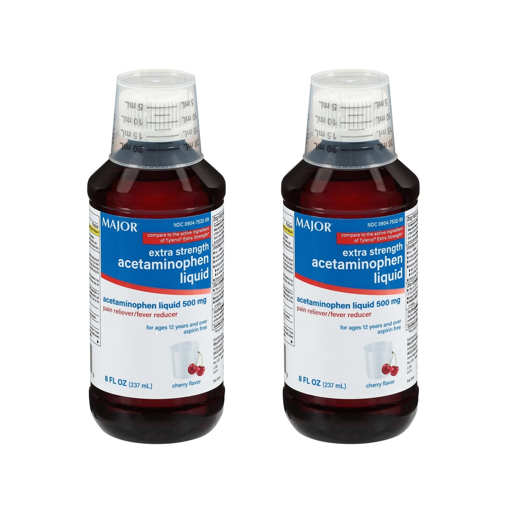 MAJOR Adulto Força extra Líquido Acetaminofeno 500mg - Ajuda a aliviar a dor e reduzir as febres - aspirina livre - sabor cereja - 8 Fl Oz (2 pacote)