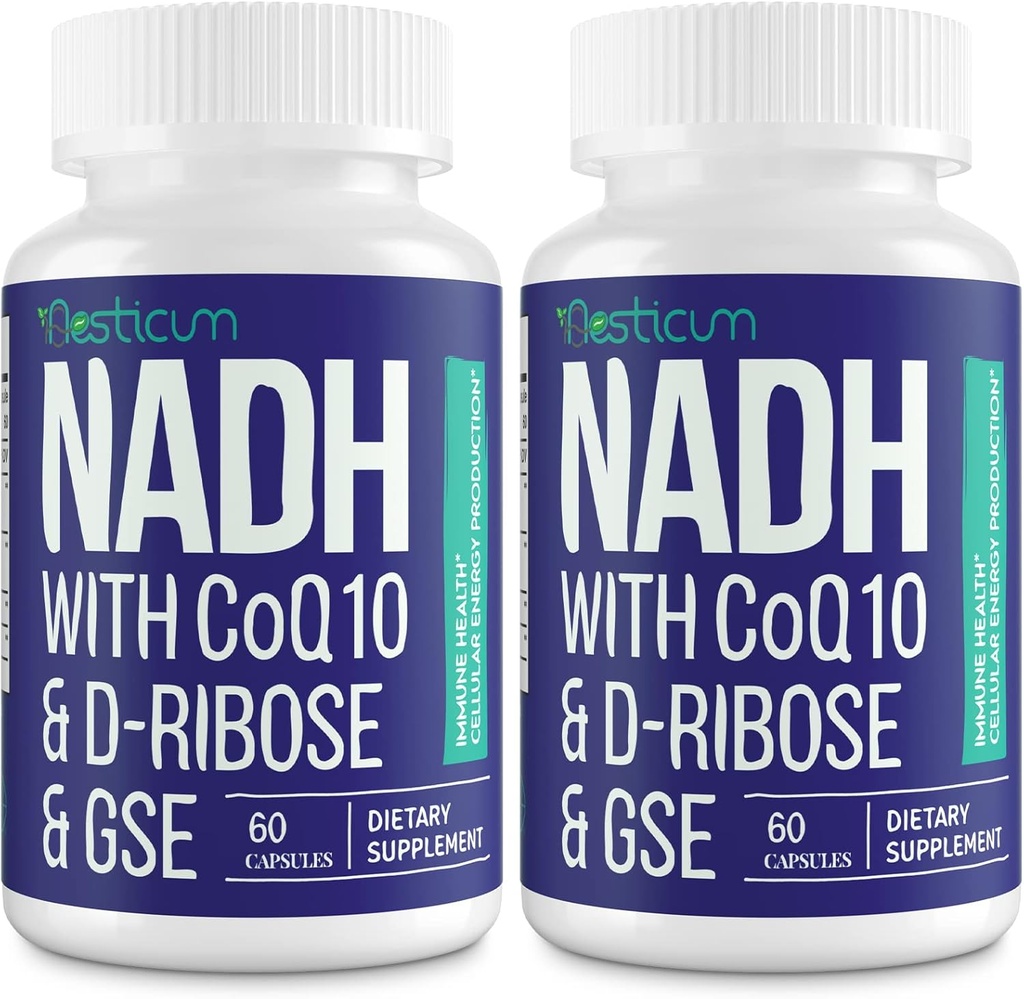 NADH 50mg + CoQ10 200mg + D-Ribose 150mg Suplemento, aumentando NAD+ Suplementos para Sistema Imune, Energia Celular, Foco, Nicotinamida Reduzida Dinucleotídeo Adenina, 120 Cápsulas Veggie