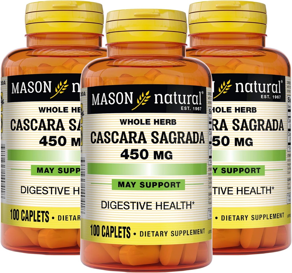 Mason Natural Cascara Sagrada 450 mg, Suplemento de ervas para suporte Digestivo Normal, 100 Caplets (Pacote de 3)