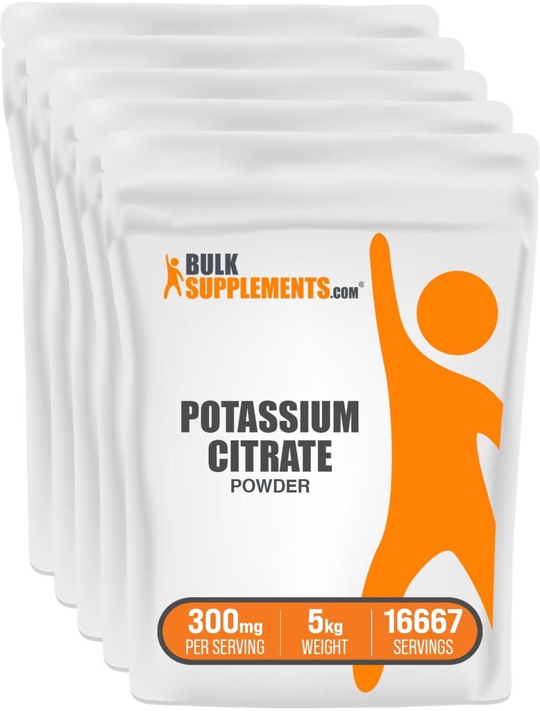 BulkSuplements.com Citrato de potássio em pó - para suporte de hidratação, Suplemento Mineral, Potássio 99mg - sem glúten, 300mg por serviço, 1kg (2,2 lbs) (Pacote de 5)