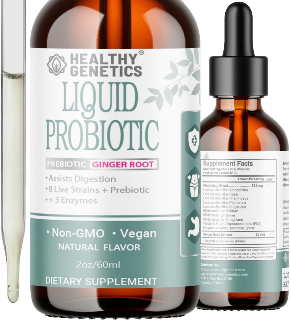 Probióticos Líquidos para Mulheres Homens e Crianças □ Prebiótico + Ginger + Probióticos para a Saúde Digestiva □ Acidophilus Probiótico □ Leite Livre □ Vegan □ Não-GMO □ Glúten Livre □ 30 Servimentos
