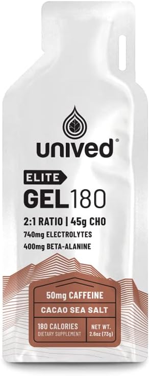 Gel de Elite Unived 180-2:1 Razão de carboidratos simples e complexos com Beta Alanine & Eletrolitos Essenciais - para atletas de resistência Corredores & Ciclistas -180kcal - Sal do Mar de Cacau - 50mg Cafeína - Pacote de 6