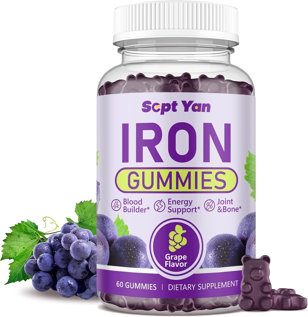 Pastilhas de ferro para mulheres e homens, Pastilhas de ferro com folato, Vitamina B12, Zinco & D3 para a construção de sangue, Imune Boost, Imune Support & Saúde Óssea, Gentil absorção, Vegan, Grape Favor 60ct