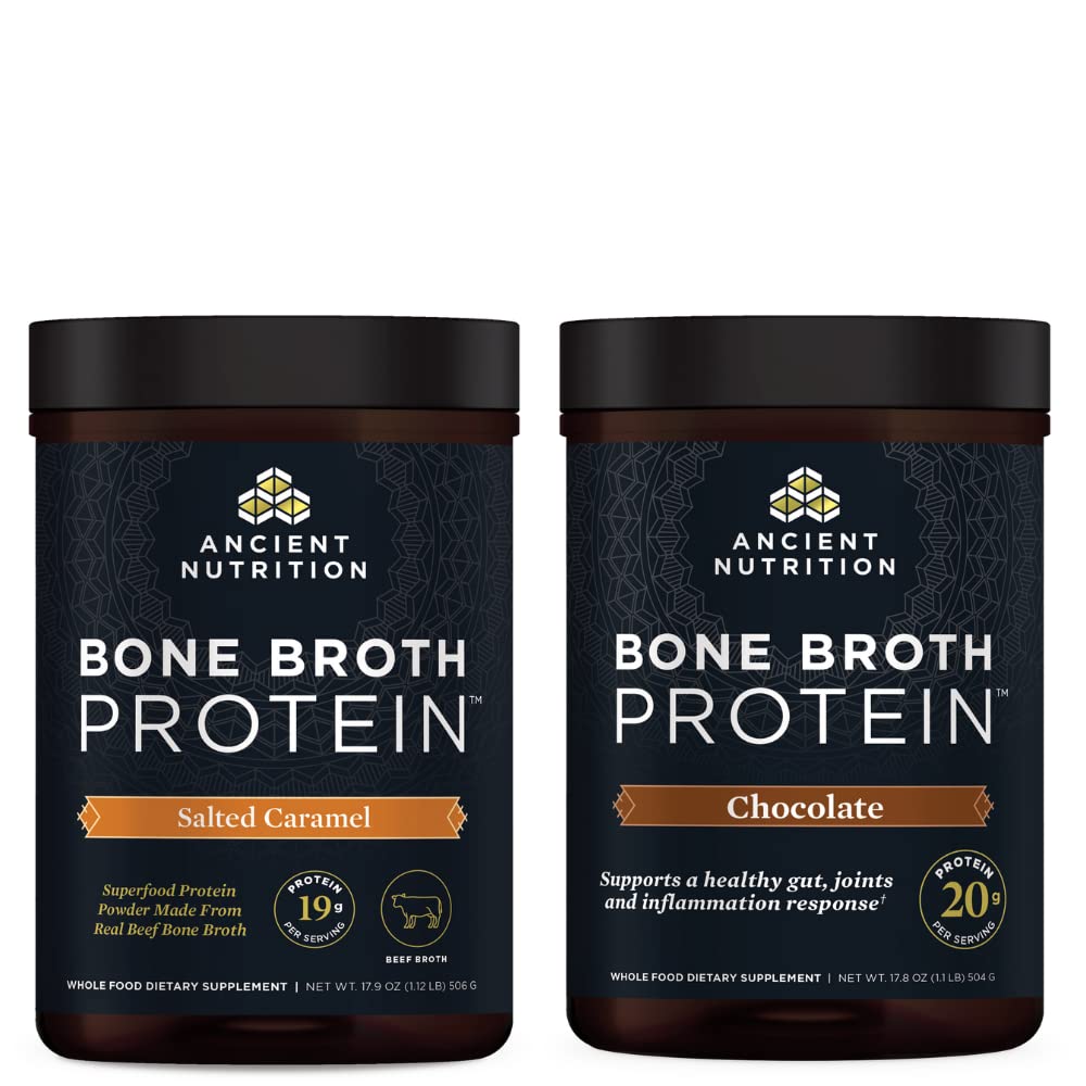 Nutrição antiga caldo ósseo proteína em pó, caramelo salgado, 20 Servings + caldo ósseo proteína em pó, Chocolate, 20 Servings