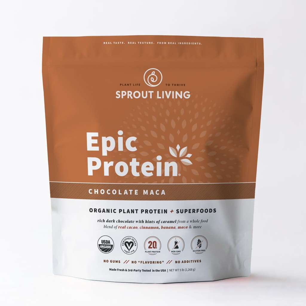 Sprout Viver proteína épica, Proteínas baseadas em plantas & Superalimentos Pó, Chocolate Maca Pó       .