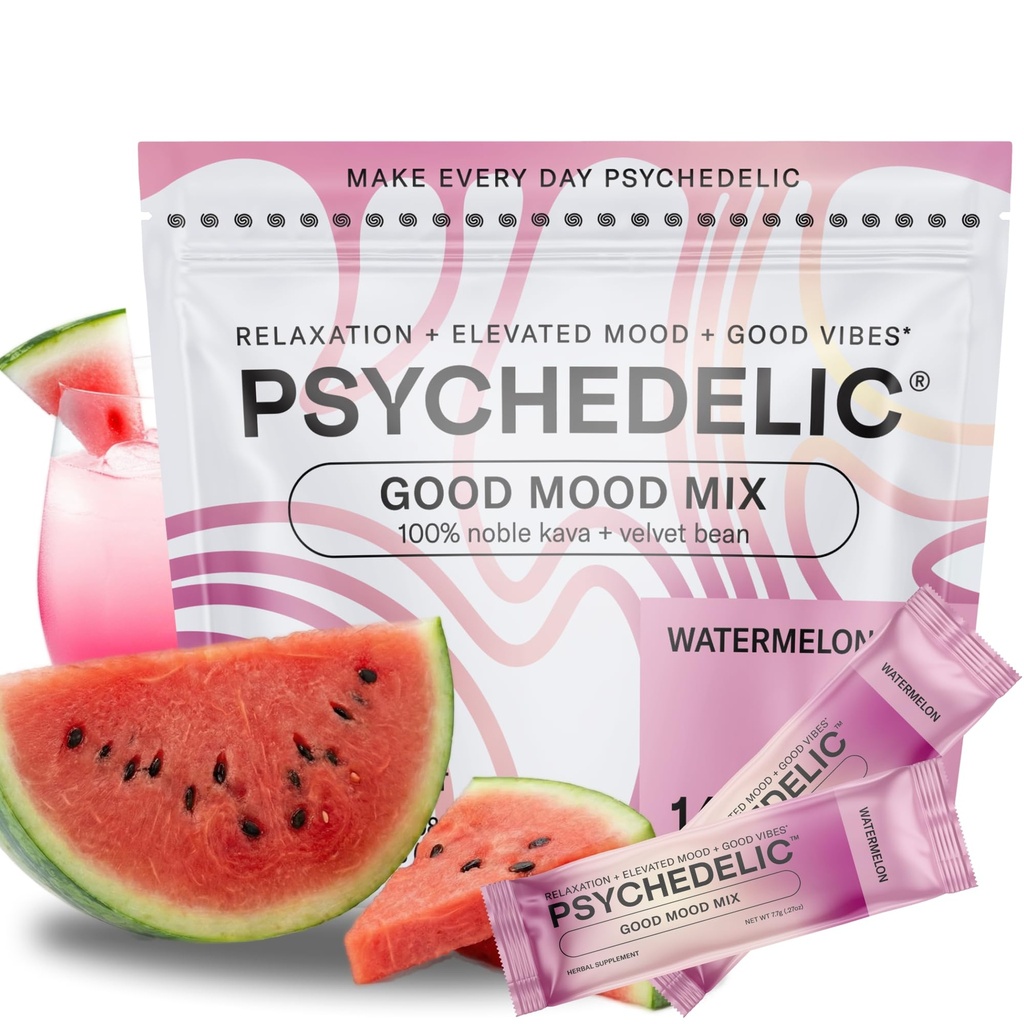 Good Mood Mix - Melancia - Empacotes de pó - calmante Kava Drink Mix - fácil Open Single-Serving - sabor Kava Powder - Mucuna Pruriens - Stevia - Mocktails Adaptogen não alcoólico - 14 Stick