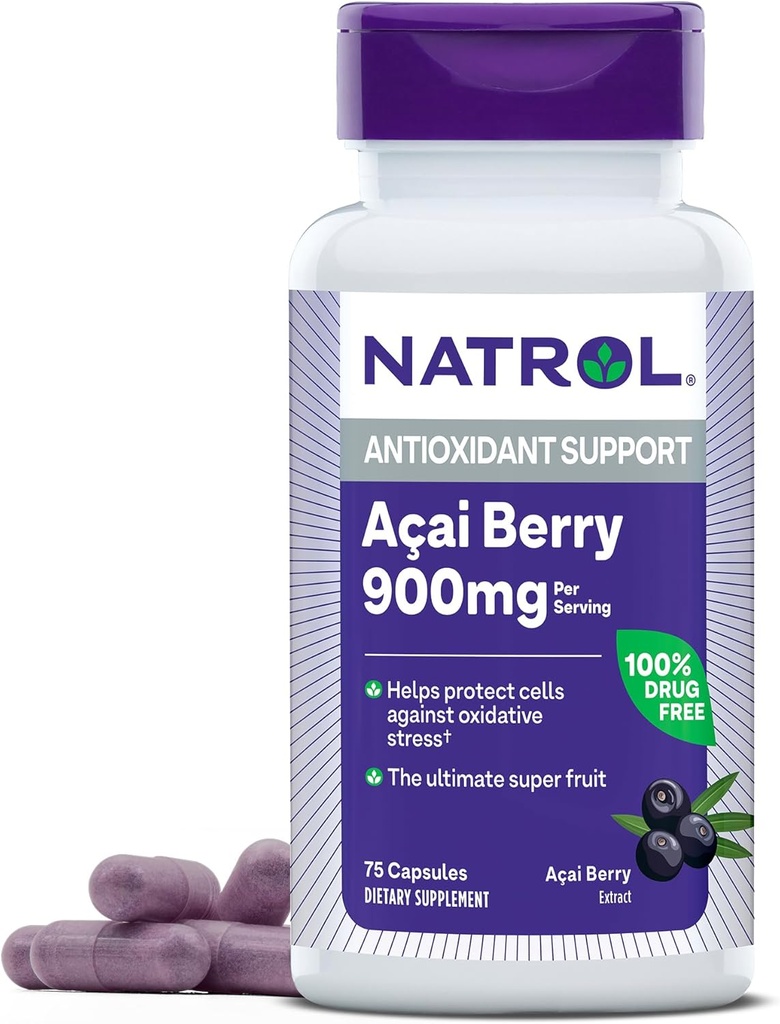 Natrol Acai Berry 900 mg por serviço, Suplemento dietético para Apoio Antioxidante, 75 cápsulas, fornecimento de 37 dias