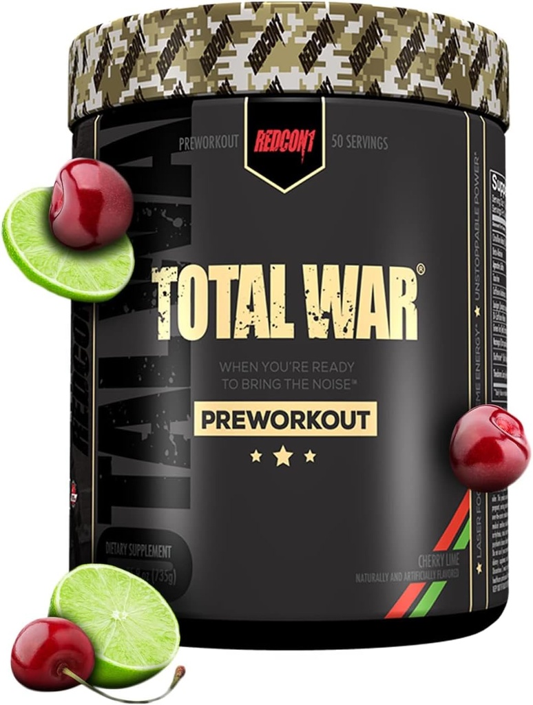 REDCON1 Total Guerra Pré-treino, Lime de Cereja - Beta Alanine + Citrulina Malate Vegan & Keto Friendly Pré-treino para homens e mulheres com 320mg de Cafeína (50 Servings)