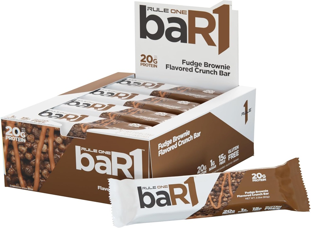 Regra 1 baR1 Crunch Bar - Lanchonete de proteína conveniente on-the-go com 20g de proteína Premium, naturalmente embalado com EAAs/BCAAs, fibra de enchimento de fome (12 Count Box, Fudge Brownie)