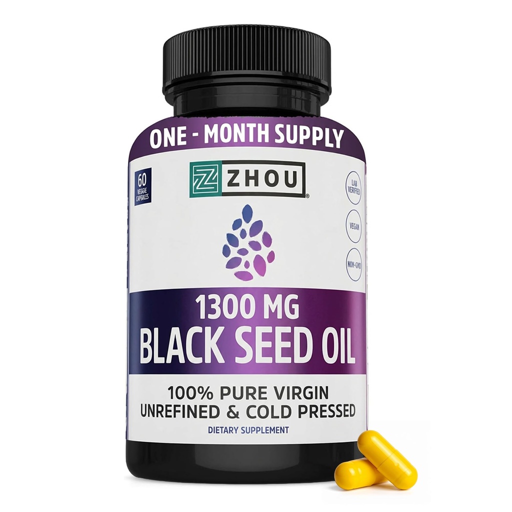 ZHOU Black Seed Oil Cápsulas - Black Cumin Seed Oil Cold Pressed, Nigella Sativa, Puro não refinado Blackseed, Suplemento Premium para Saúde, Cabelo & Pele w/Thymoquinone - 60 Cápsulas (Pacote de 1)