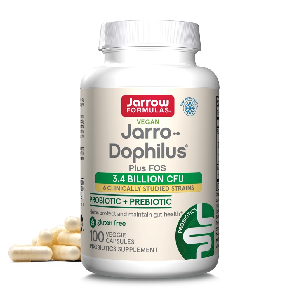 Jarrow Fórmulas Jarro-Dophilus + FOS - 3.4 Bilhões de Organismos por Serviço - 100 Veggie Caps - Prebiótico & Probiótico - Suporte Nutricional para Bactérias Beneficiárias - Até 100 Servimentos