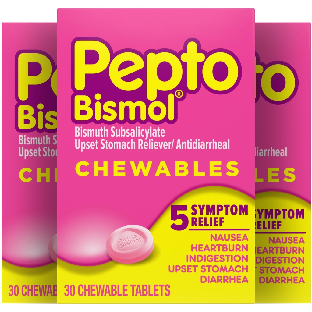 Comprimidos mastigáveis de Pepto Bismol para Náusea, Azia, Indigestão, Estômago e Diarréia Alívio, Sabor Original, 90 Total (3 embalagens de 30)