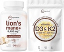 Micro Ingredientes Vitamina D3 10 000iu + K2 200mcg Óleo de coco Softgels & Lions Mane Suplemento 240 Veggie Cápsulas Pacote 2 Pacote