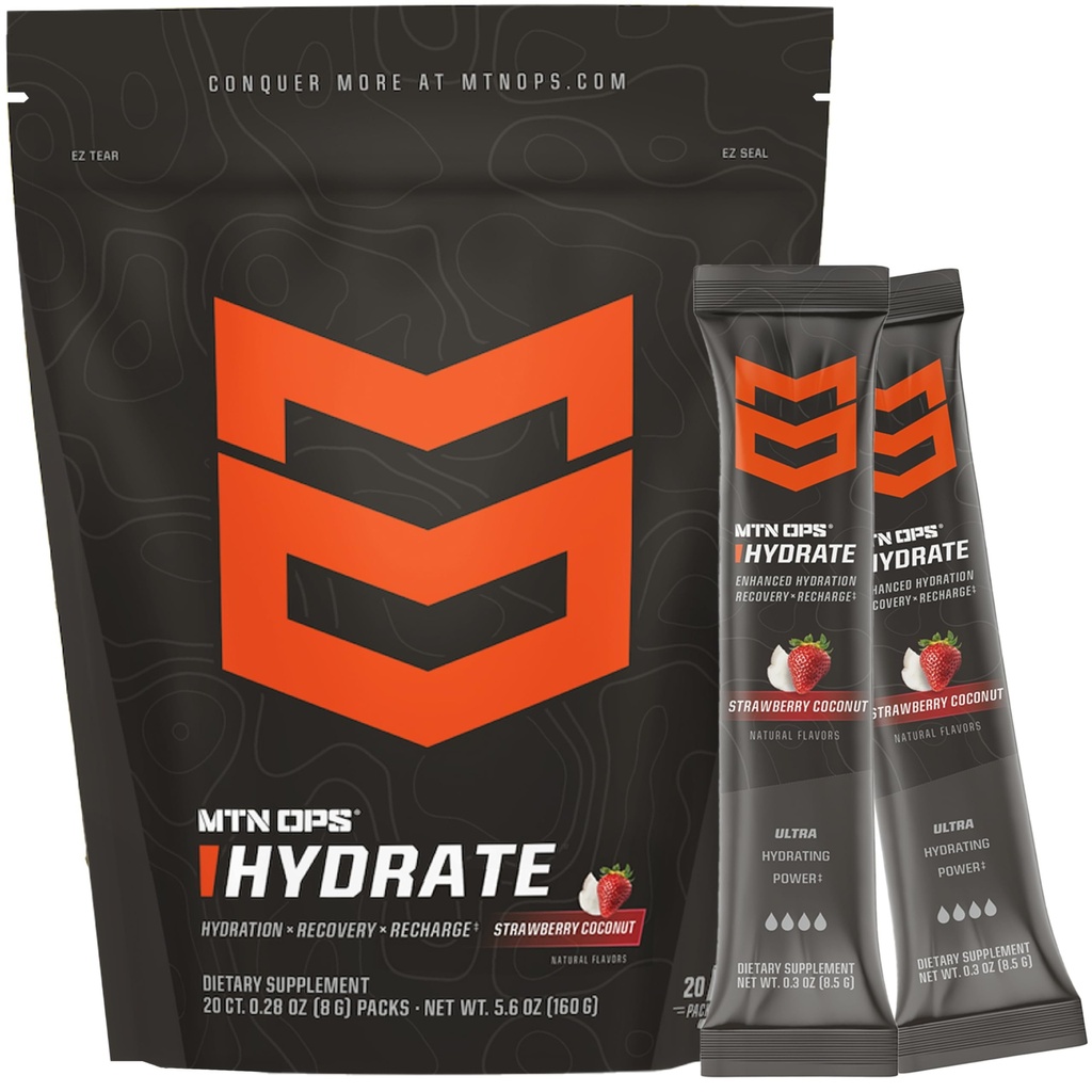 MTN OPS HYDRATE Electrolytes Powder Drink Mix, 20 Pacotes de Eletrolíticos On-The-Go com mais de 1000mg de Eletrolytes por serviço, coco de morango