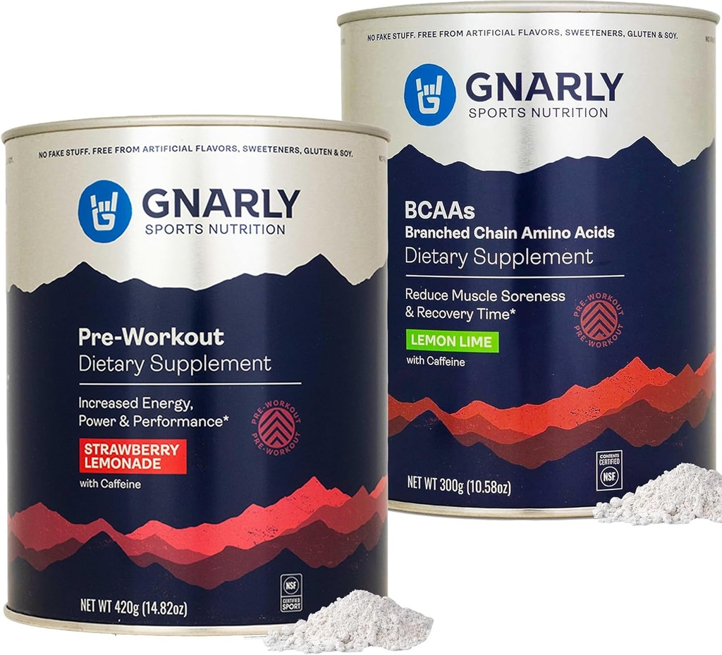 Gnarly Nutrition Gnarly Pré-treino Limonada de Morango (14.82 oz) BCAAs Limão (10.58 oz)