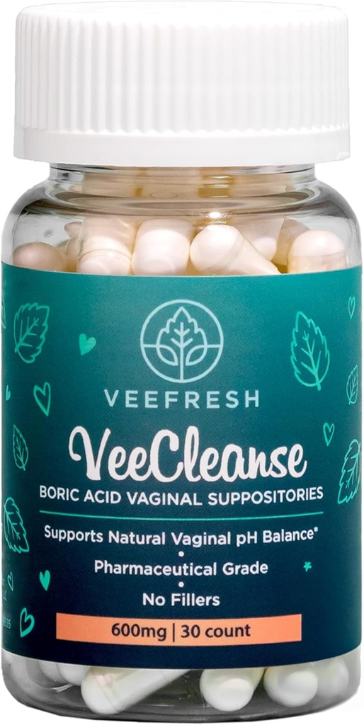 VeeFresh - VeeCleanse ácido bórico Supositórios vaginais - Supositórios de equilíbrio de pH vaginal - Controle de Odor vaginal - Sinta fresco, feminino e confiante