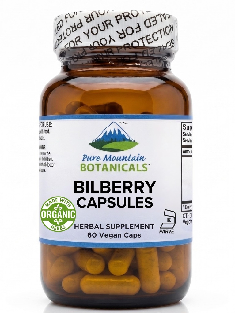 Pure Mountain Botanicals Bilberry Extract Suplemento Vegan Kosher Cápsulas com 250mg Folha de Bilberry orgânico & 50mg Extrato Potente de Billberries