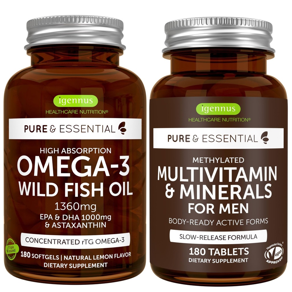Alta Absorção Ómega-3 Wild Fish Oil + Multivitamin Bundle masculino metilado, 1000mg EPA & DHA 180 Softgels + Release Mantida Multivitamin 180 Comprimidos, por Igennus