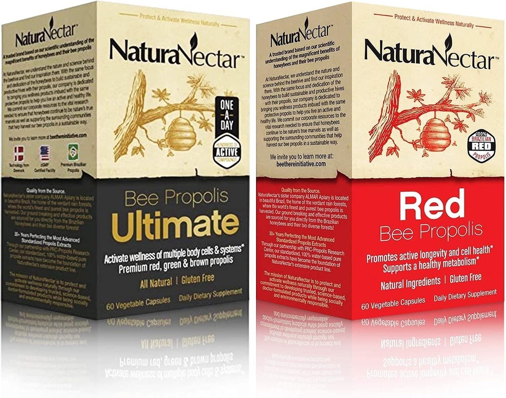 NaturaNectar Natural Bee Propolis Bundle - Bee Propolis Ultimate e Red Própolis - para suporte imunológico e respiratório, e um metabolismo saudável - 60 cápsulas por garrafa
