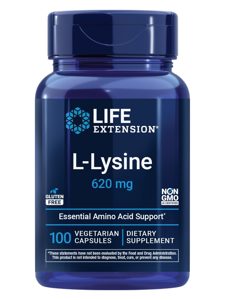 Extensão de vida L-Lysine, 620 mg, Aminoácido Essencial para equilíbrio de nitrogênio saudável, Metabolismo de cálcio, Resposta ao Stress & More, Gluten-Free, Non-GMO, Vegetarian, 100 Cápsulas