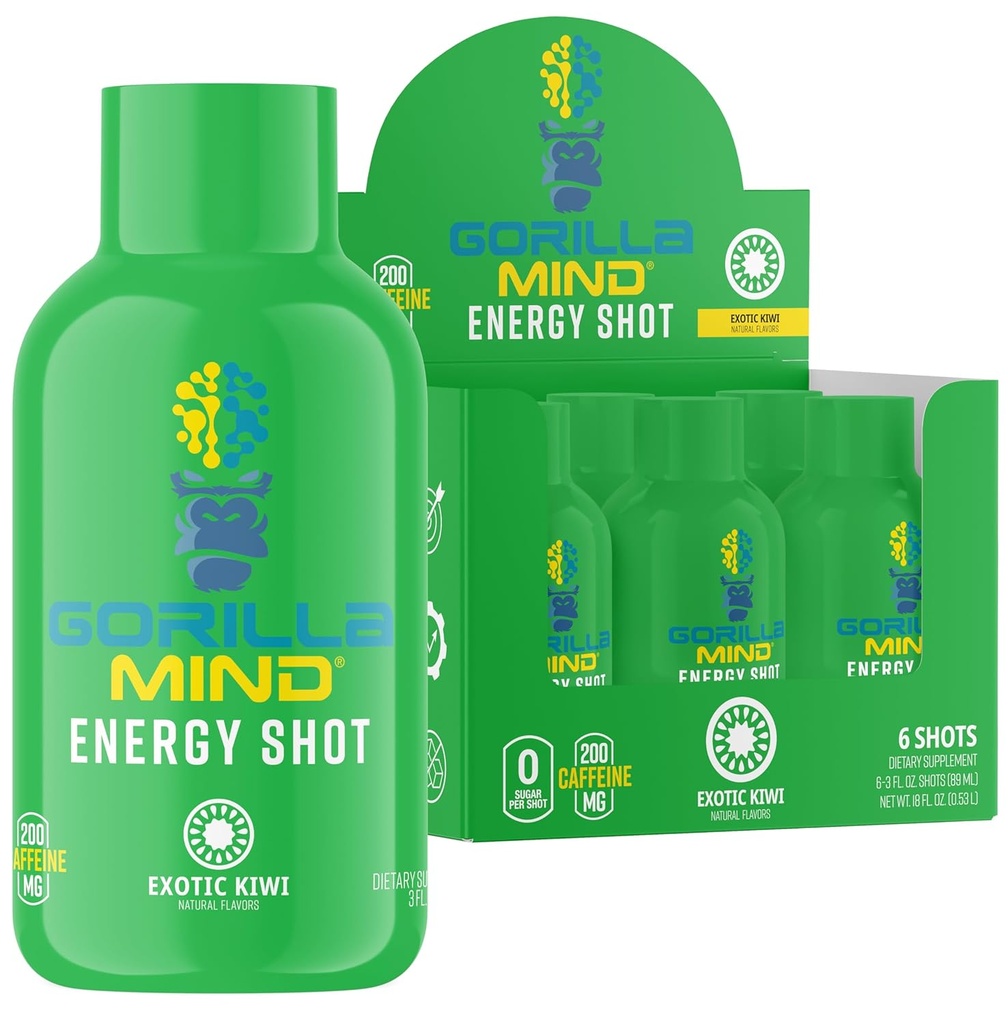 Gorilla Mind Energy Shots (Pacote de 6) - Concentração e energia melhoradas, livre de açúcar, ação rápida, fórmula potente com vitaminas e extratos naturais (Kiwi exótico)
