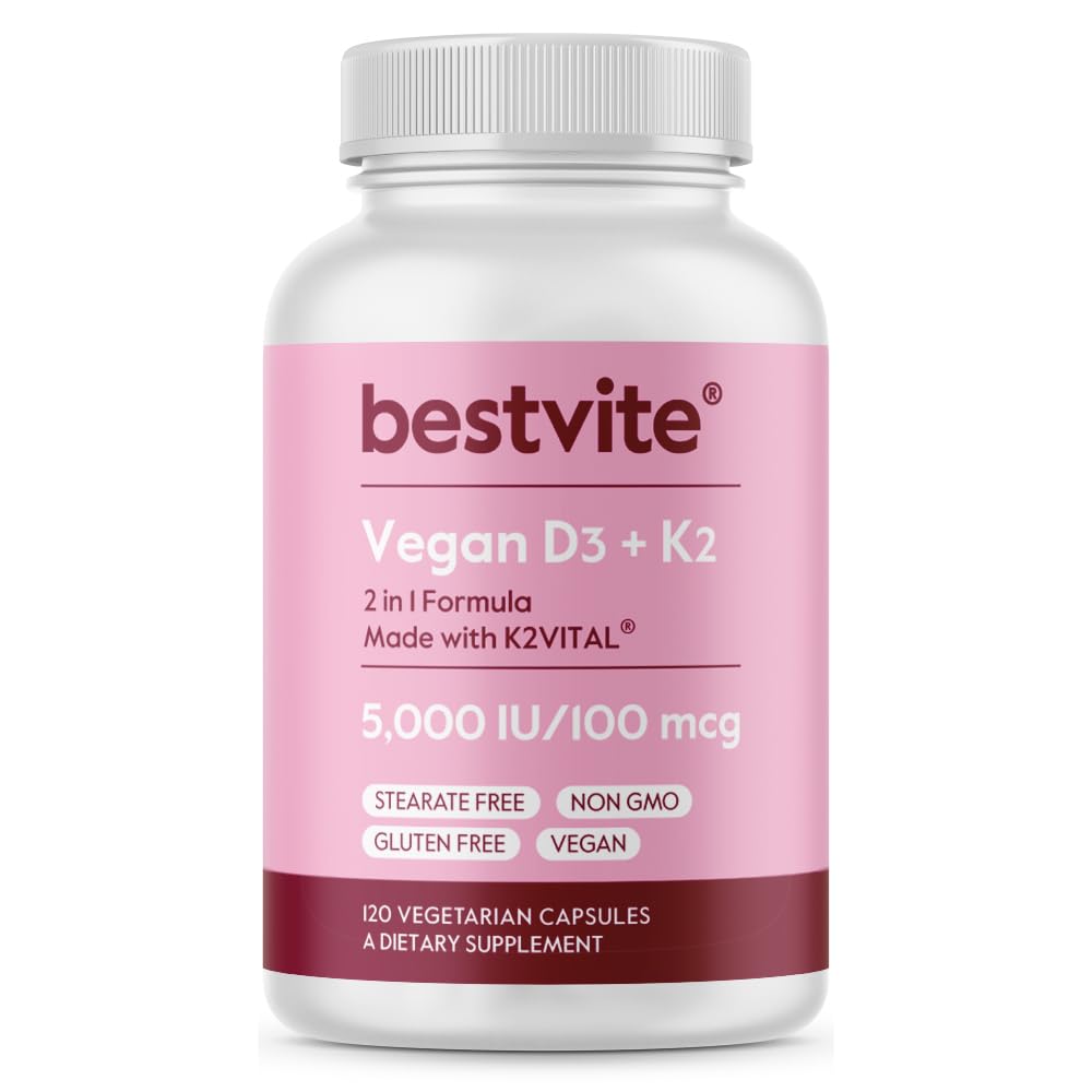 BESTVITE Vegan Vitamina D3 5000 UI + Vitamina K2 100 mcg como MK-7 (120 Cápsulas vegetarianas) - Sem Stearates - Vegan - Não OGM - Glúten Grátis